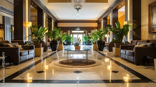 Spacious Hotel Lobby with Large Planters and Dining Area photo