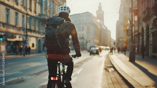 Futuristic Commuter Cycling in a City Street with Backpack © pkproject