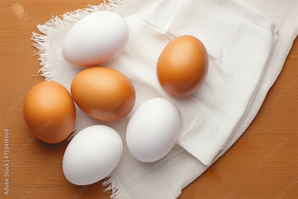 Egg variety Top view of three white and four brown eggs Egg variety Top view of three white and four brown eggs