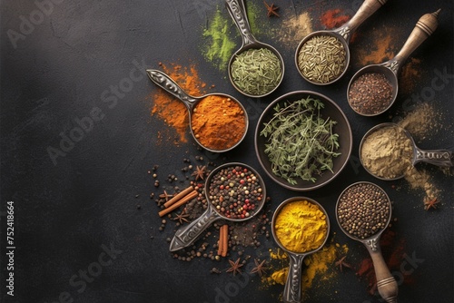 Dark background enhances the beauty of spices and herbs