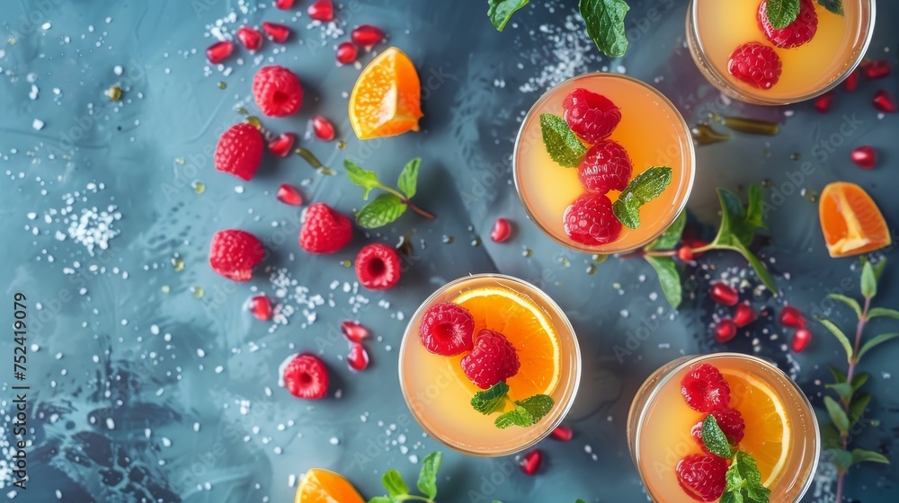 A table is covered with glasses filled with vibrant oranges and raspberries. A table is covered with glasses filled with vibrant oranges and raspberries.