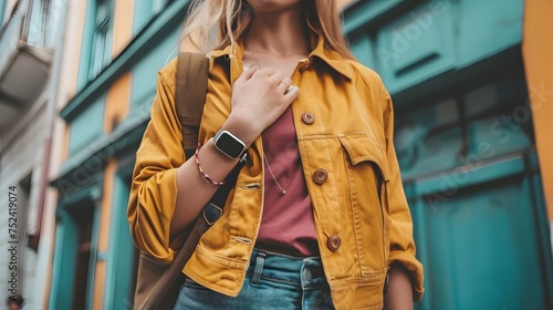 Stylish Woman Embracing Y2K Aesthetic with Yellow Jacket and Smartwatch photo