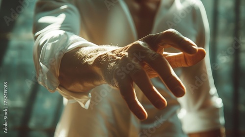 The hand of a man in a white shirt is touched