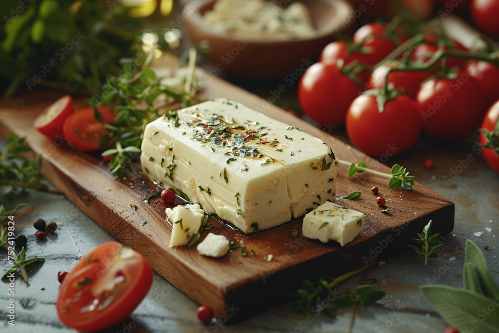 Artfully seasoned feta cheese surrounded by vibrant tomatoes and fresh herbs on a textured surface Artfully seasoned feta cheese surrounded by vibrant tomatoes and fresh herbs on a textured surface