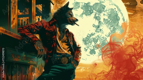 Under a milky-white moon, a werewolf-cowboy leans, smoking, against a saloon. photo