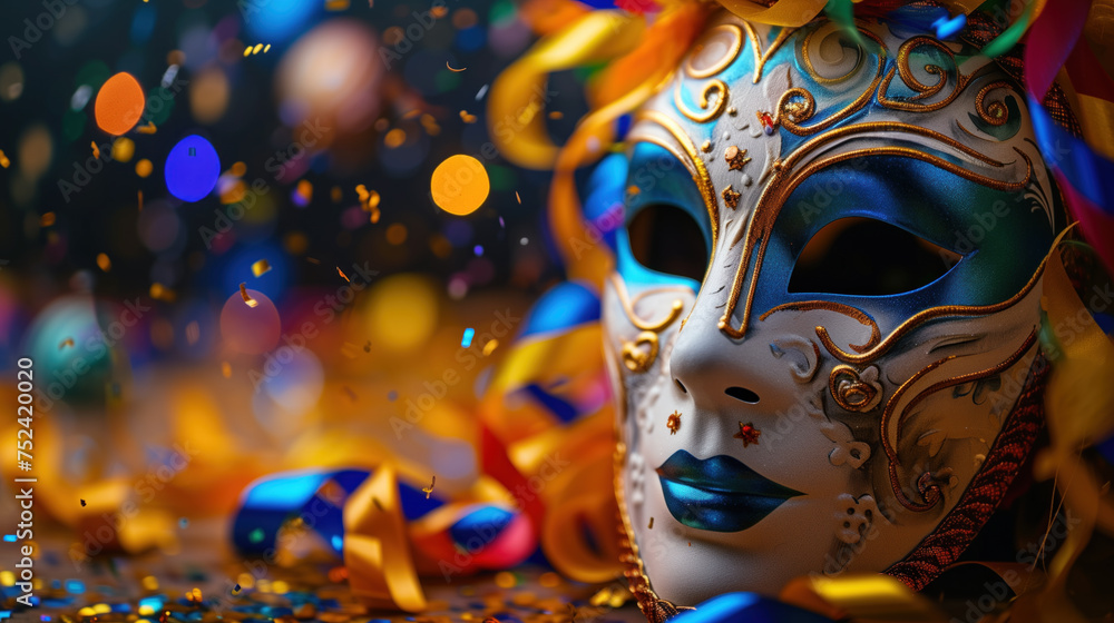 Venetian mask amidst colorful carnival decorations. The concept highlights traditional festive disguise and celebration.