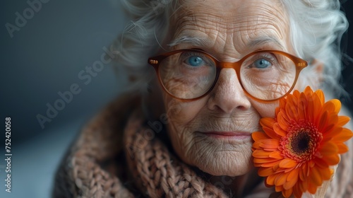 On a gray background, a cheery and elegant elderly woman holds a flower near her face #752420058