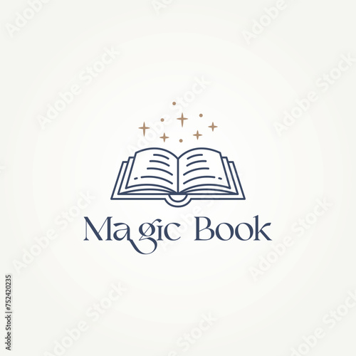 minimalist fantasy book with magic star line art icon logo template vector illustration. simple modern fantasy readers, bookworms, children book logo concept