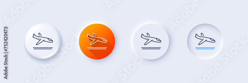 Airport arrivals plane line icon. Neumorphic, Orange gradient, 3d pin buttons. Airplane landing sign. Flight symbol. Line icons. Neumorphic buttons with outline signs. Vector