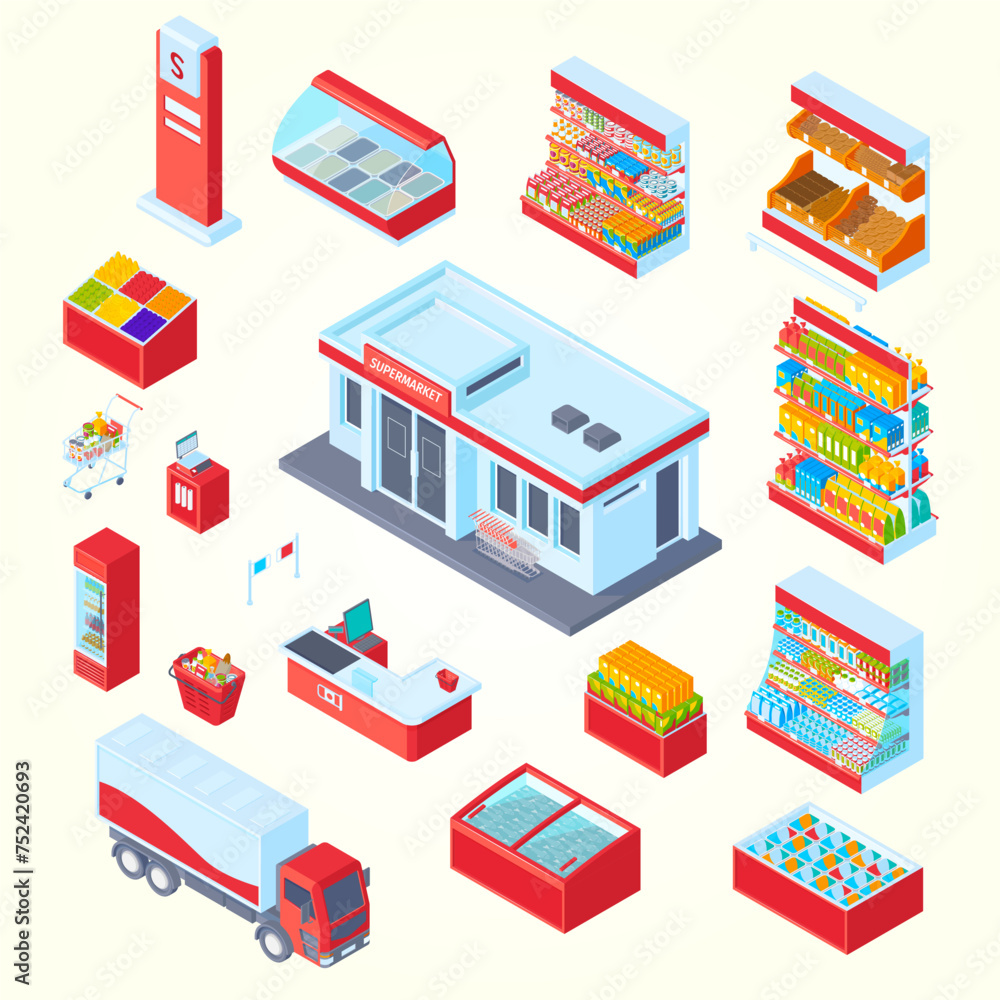 Isometric supermarket set with isolated display icons shelves with food products fridges and shopping cart images vector illustration