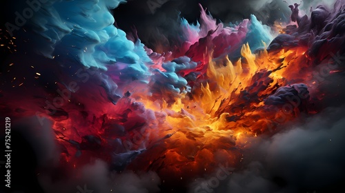 Liquid fireworks unfold as vibrant streams collide, painting the atmosphere with dynamic abstract patterns. HD camera freezes the explosive moment in stunning detail