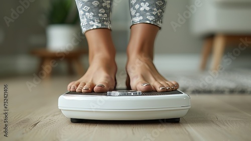 Faceless barefoot female standing on digital weight and body fat scales on bathroom floor in morning with display showing healthy weight of 60 kg