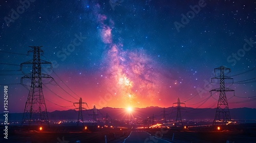 An aerial view of a media antenna and electric high voltage power tower silhouetted against the background of a night city on the horizon and the Milky Way in the clear sky can be seen from below photo