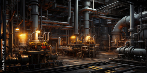 Visualize the intricate workings of an oil refinery machine, a modern petrochemical plant with intricate piping systems
