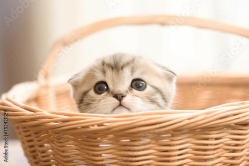 Heartwarming image of a cute Scottish fold kitten in a basket photo