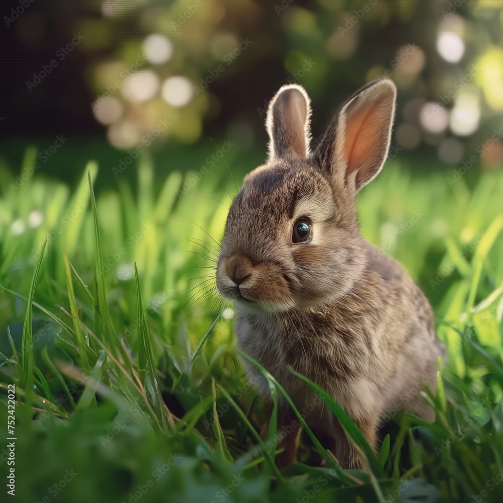 Fototapeta premium Baby rabbit in grassland in spring time