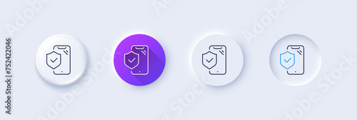Phone insurance hand line icon. Neumorphic, Purple gradient, 3d pin buttons. Risk coverage sign. Device protection symbol. Line icons. Neumorphic buttons with outline signs. Vector