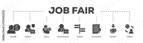 Job fair icons process structure web banner illustration of the information, advice, skills, occupational, applicants, recruit, and hiring icon live stroke and easy to edit 