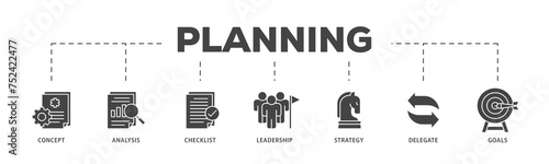 Planning icons process structure web banner illustration of concept, analysis, checklist, leadership, strategy, delegate and goals icon live stroke and easy to edit 