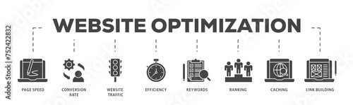 Website optimization icons process structure web banner illustration of page speed, conversion rate, website traffic, efficiency, keywords, ranking, caching icon live stroke and easy to edit 