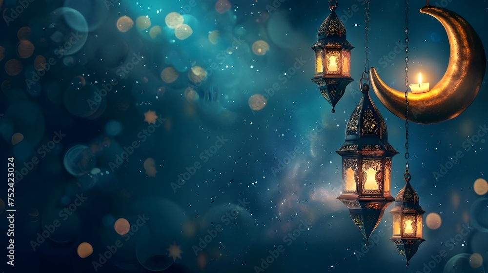 ramadan islamic greeting card of crescent moon decoration and lanterns with copy space area banner ramadan islamic greeting card of crescent moon decoration and lanterns with copy space area banner