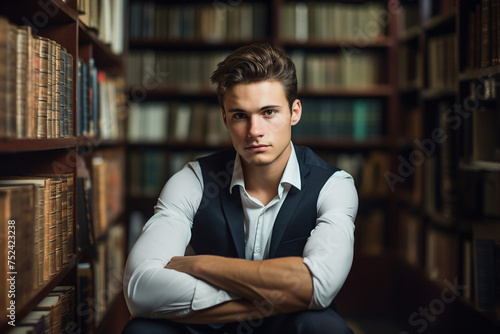 Generative AI photo of attractive clever smart student in library against bookshelf