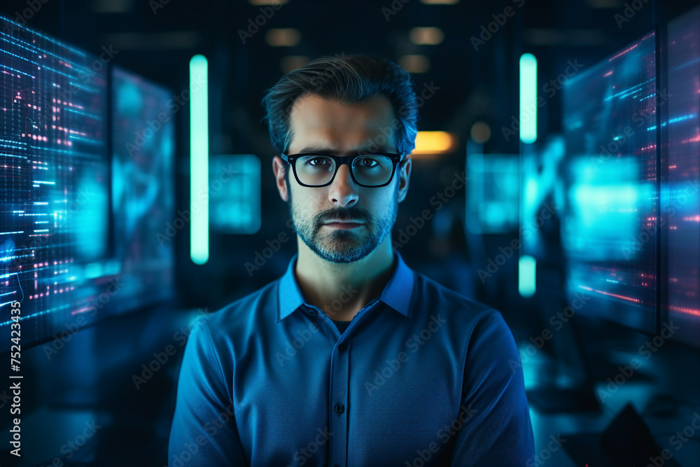 Hard working person in modern interior office programming writing web java script code AI technology generation Hard working person in modern interior office programming writing web java script code AI technology generation