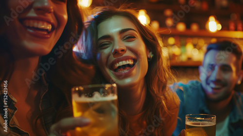 group of friends drinking and having a good time, laugher, enjoying a happy hour in a bar
