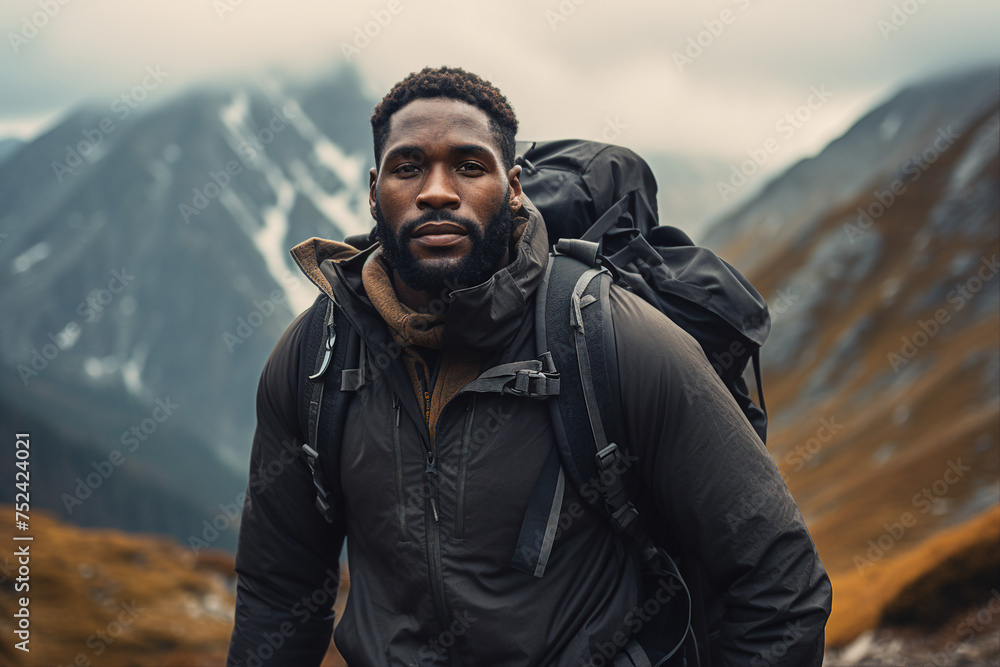 Generative AI image of nice happy man enjoying summer vacation travel in mountains Generative AI image of nice happy man enjoying summer vacation travel in mountains