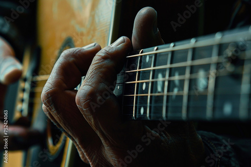 A musician's fingers strumming guitar strings photo