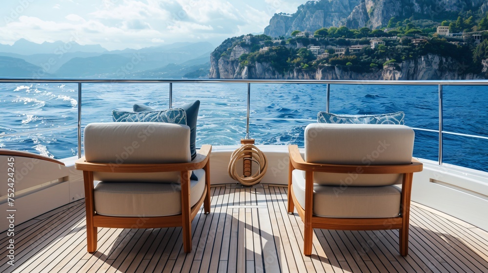 Sophisticated wooden platform in a private yacht interior showcasing luxury goods against the backdrop of the sea