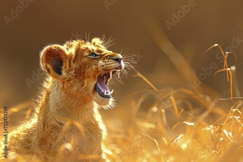 3D rendered lion cub roaring softly on a savannah gold background, practicing to be king.