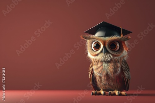A scholarly maroon background complements the 3D owl in a graduation cap, symbolizing wisdom. photo