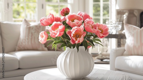 A striking arrangement of vibrant pink peonies showcased in a pristine white vase, capturing the essence of springtime beauty.