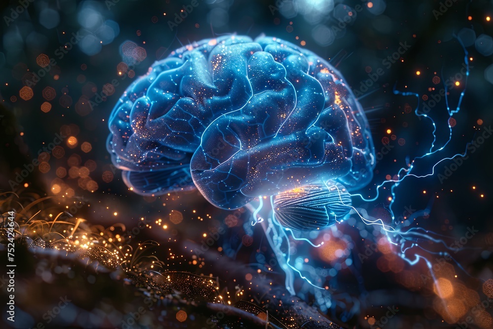 3d brain brain in blue, electrical wire, lightning in blue, in the style of realistic hyper-detail, human-canvas integration, mysterious atmosphere, natural phenomena. generative AI - obrazy, fototapety, plakaty 