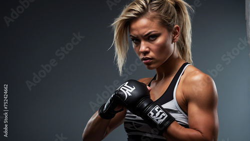 A female mixed martial artist poised for combat