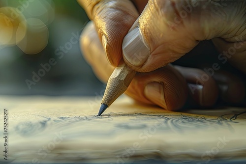 Close up of a hand sketching on a pad, blur solid background enhancing focus.