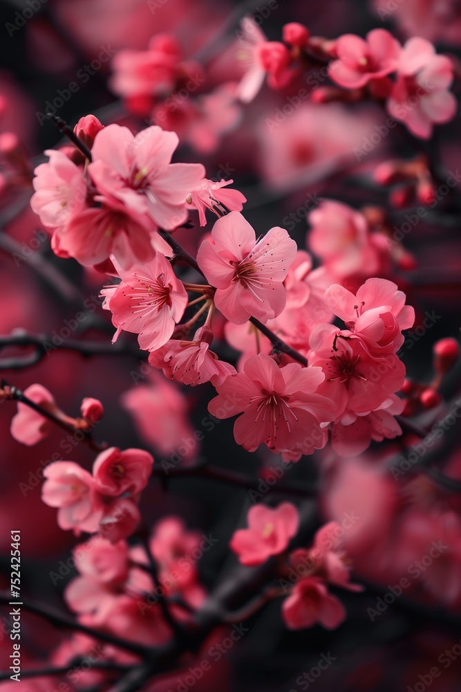 Obraz premium Enchanting Blossom Spectrum: Macro View of Japanese Cherry Blossoms, Overflowing with Colors, Depth, and the Magical Aura of Spring