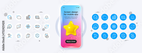 Loan house, Journey path and Image carousel line icons. Phone mockup with 3d star icon. Pack of Photo studio, Video conference, Ranking stars icon. Book car, Versatile, Charging time pictogram. Vector