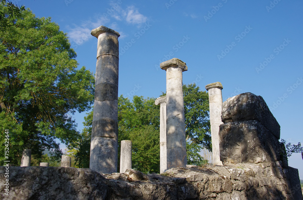 Archaeological site of Altilia: remains of columns indicating where the Basilica once stood. Sepino, Molise, Italy
