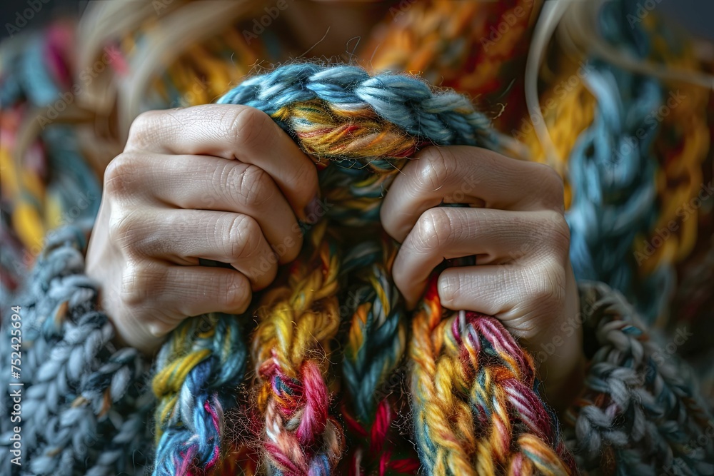 Close-up hands knit colorful yarn against cozy blurred background, ideal for crafting.