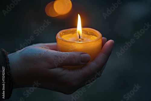 Close up of hand lighting a candle, warm glow against a deeply blurred dark background.