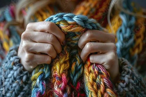 Close-up hands knit colorful yarn against cozy blurred background, ideal for crafting. photo