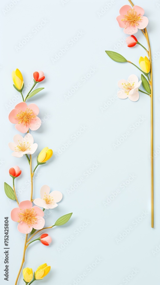 Elegant spring flowers arranged vertically on a pastel blue backdrop
