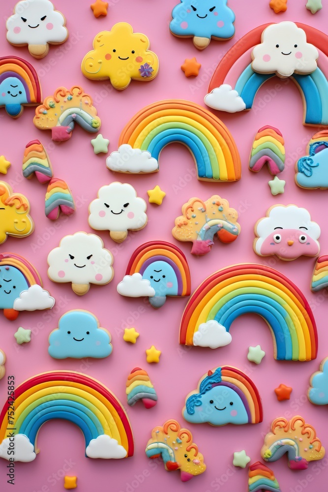 Smiling rainbow and cloud sugar cookies on a pink background Smiling rainbow and cloud sugar cookies on a pink background