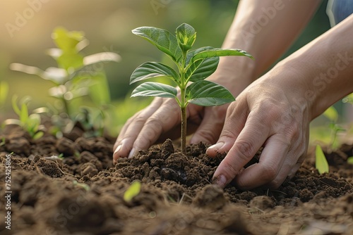Close up of hands planting a sapling, earthy tones blurred in the background for emphasis.