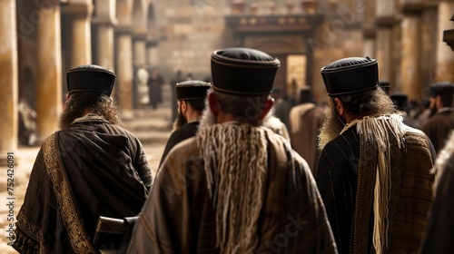 Illustration of ancient Jewish Pharisees during the period of Jesus Christ, known for their strict interpretation of religious law and their dedication to the study of scripture. photo