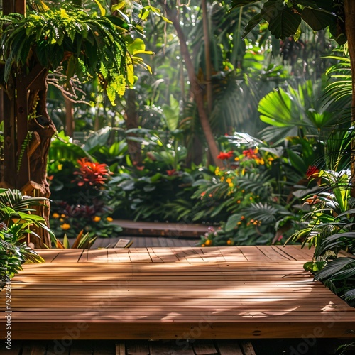 Wooden platform in a vibrant butterfly garden offering a colorful and lively background for natural beauty products