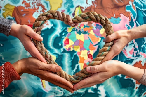 Unified human chain of diverse hands coming together to form a heart shape against a global backdrop. symbolizing worldwide unity Peace And humanitarian aid photo