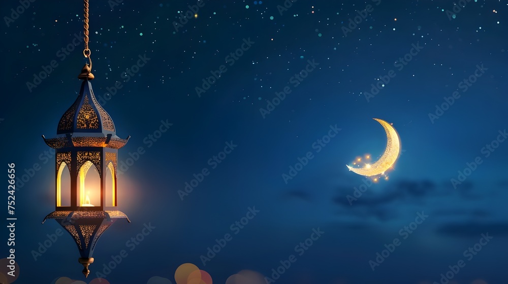 ramadan islamic greeting card of crescent moon decoration and lanterns with copy space area banner ramadan islamic greeting card of crescent moon decoration and lanterns with copy space area banner